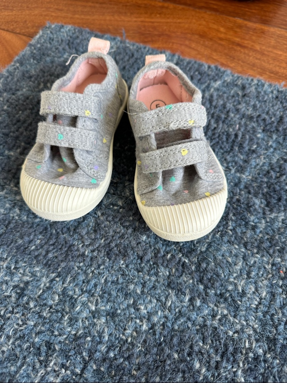 Cat and Jack Size 5 Kids Grey Canvas Velcro Sneakers with Multicolor Dots